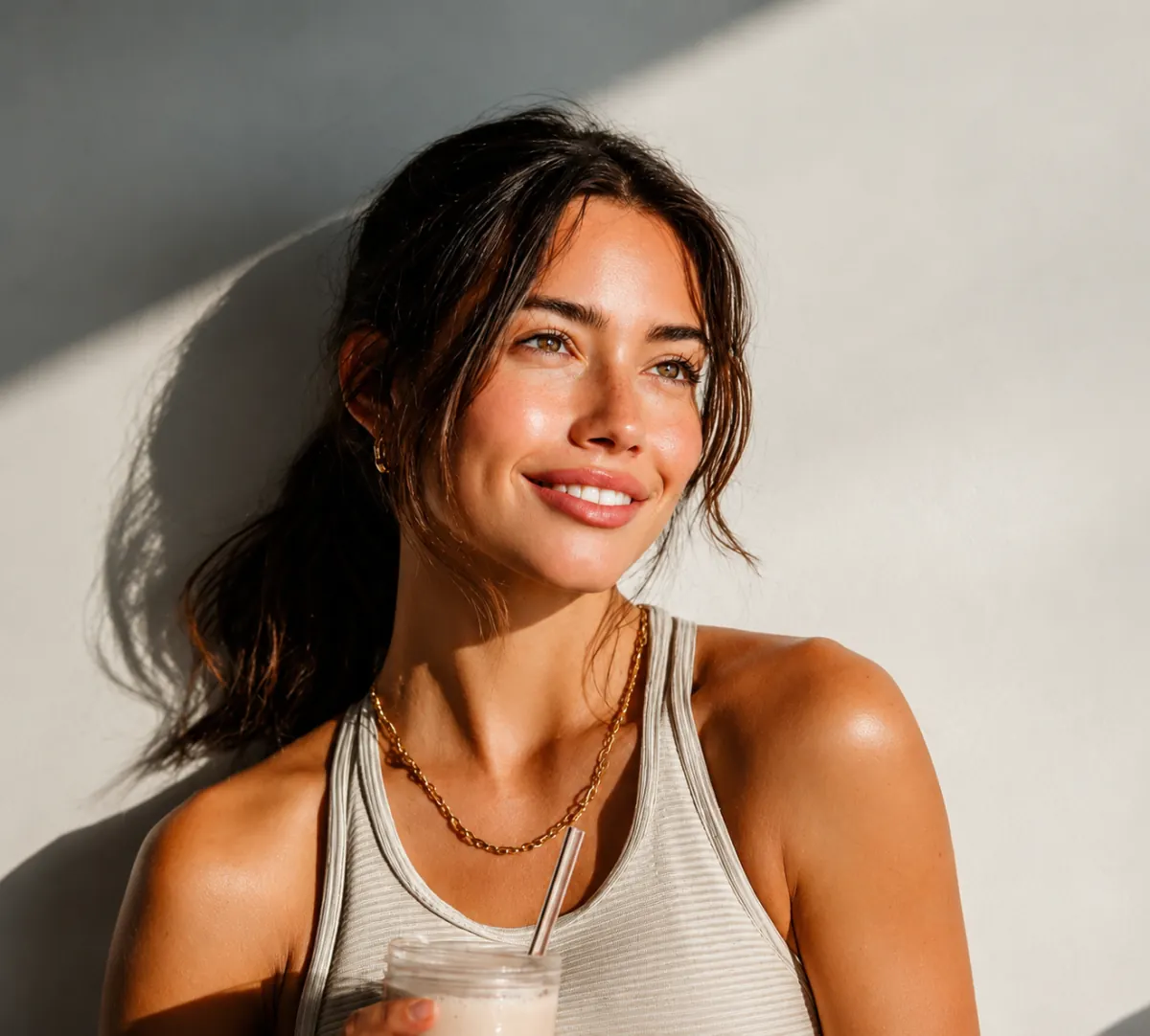 Woman holding a smoothie in warm sunlight