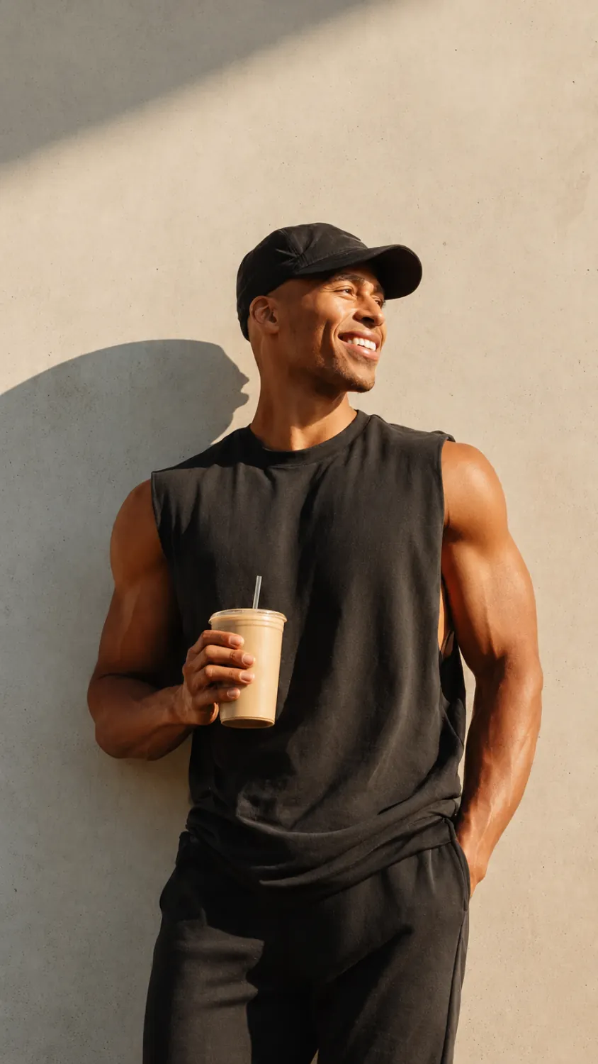 Athletic man holding a drink in warm sunlight